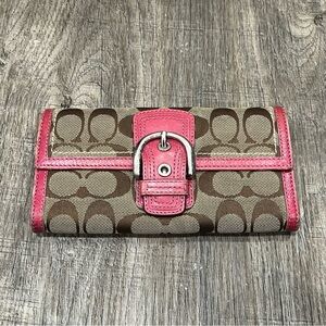 Coach Signature Canvas Buckle Long Wallet Pink Trim Brown Monogram w/ Care Card